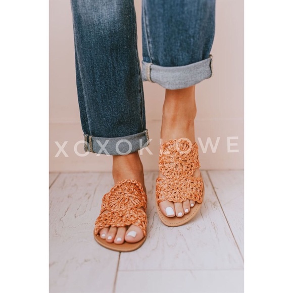 Boho Coral Crochet Raffia Slide Sandals - Picture 7 of 13